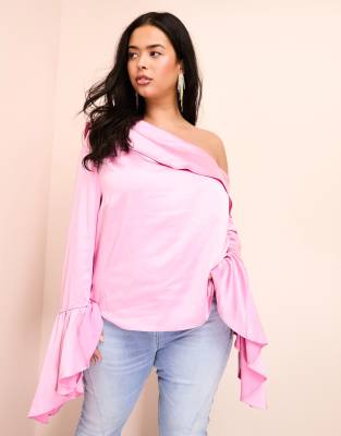 Asos Luxe Curve Off Shoulder Satin Draped Top With Exaggerated Sleeve In Pink