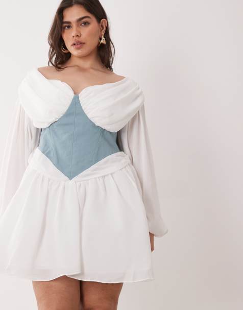 ASOS LUXE Curve off shoulder white tulle mini dress with corset waist in blue - view 1