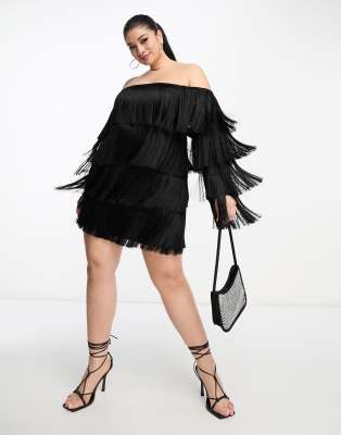 Curve off the shoulder fringe mini dress in black