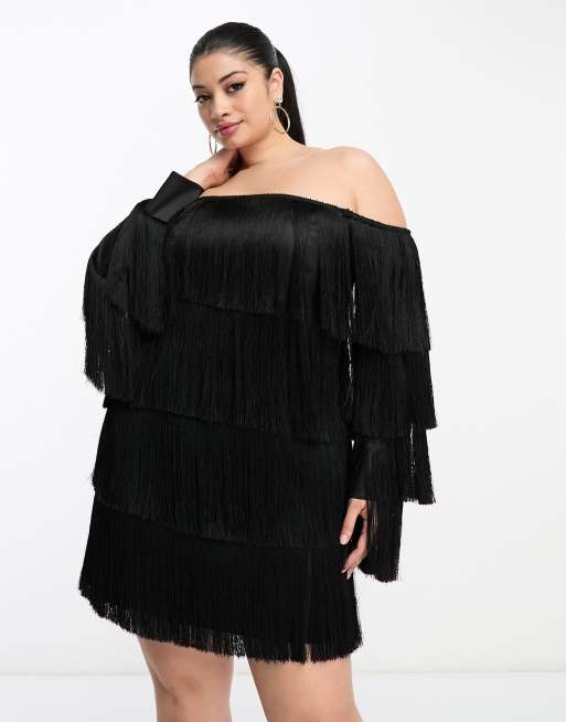 Plus Size LUXE Curve Black Sequin Hand Embellished Cold Shoulder Cape Dress