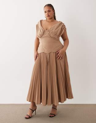 ASOS LUXE Curve off the shoulder pleated cotton sateen midi dress with molded hi