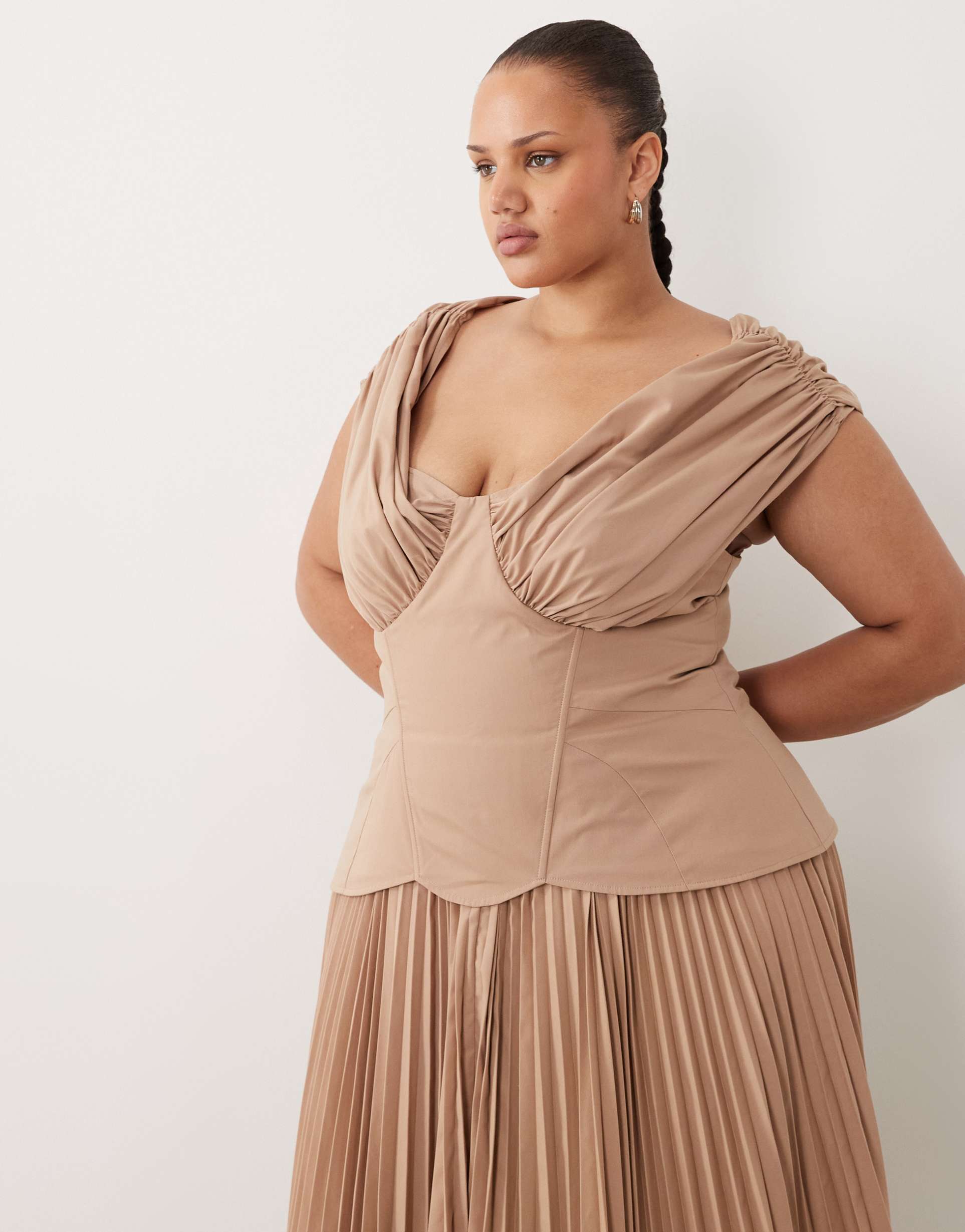 asos luxe curve off the shoulder pleated cotton sateen midi dress with molded hips in mocha