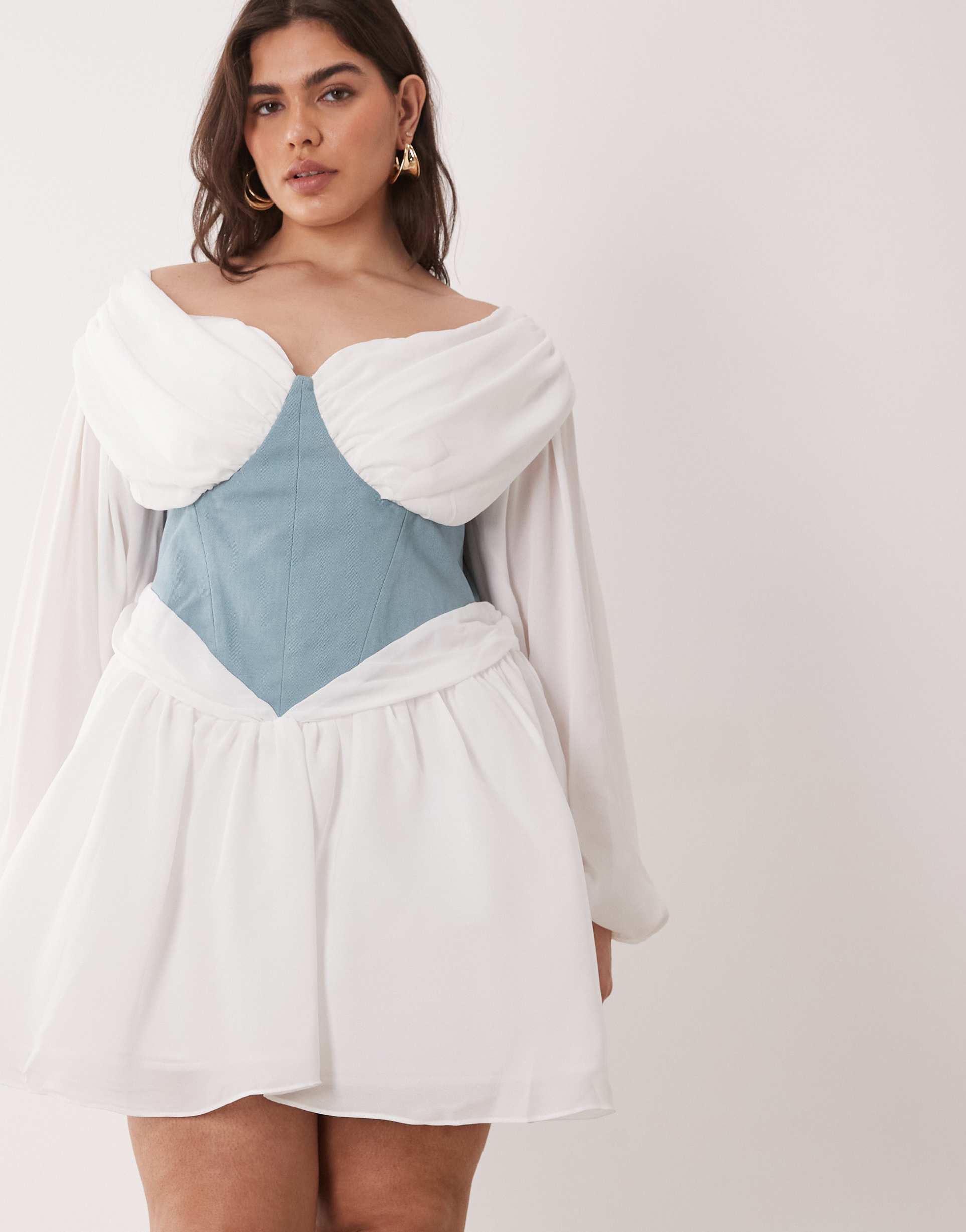 asos luxe curve off the shoulder white tulle mini dress with corset waist in blue
