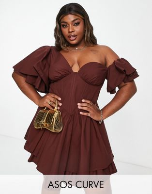 ASOS LUXE Curve one shoulder cotton dress with corset detail and ruffles in brick brown