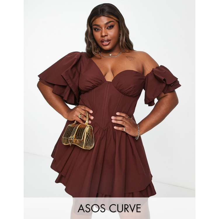 asos luxe one shoulder cotton dress ASOS LUXE One Shoulder Cotton Dress With Corset Detail And Ruffles In Black  for Women