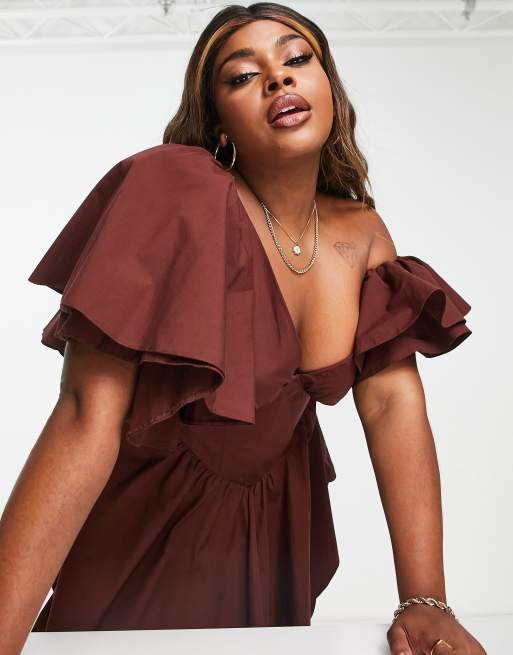 asos luxe one shoulder cotton dress ASOS LUXE One Shoulder Cotton Dress With Corset Detail And Ruffles In Black  for Women