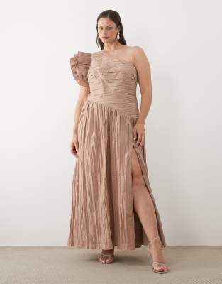 Asos Luxe Curve One Shoulder Maxi Dress With Pleat Bodice-white In Pink