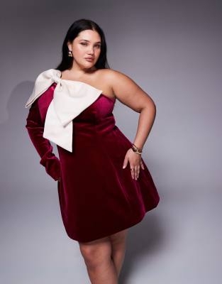 ASOS LUXE ASOS LUXE Curve one shoulder velvet mini dress with bow detail in burgundy-Red