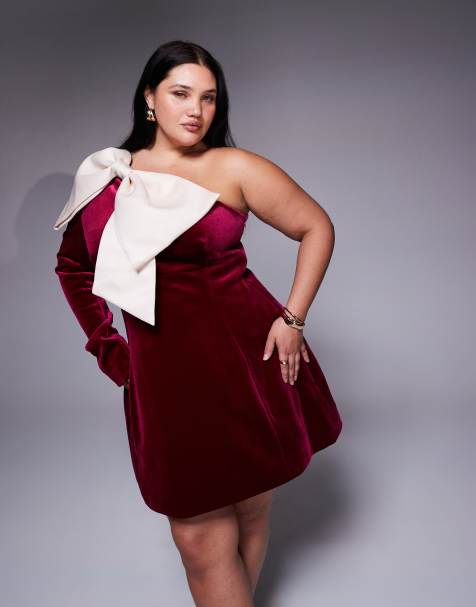 ASOS LUXE Curve one shoulder velvet mini dress with bow detail in burgundy - view 1