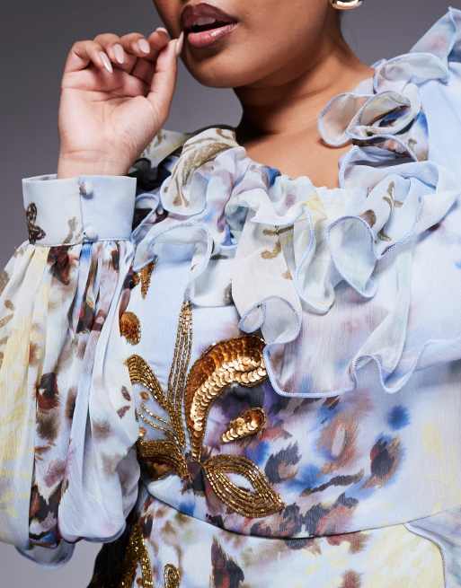 ASOS LUXE Curve organza and chiffon printed asymmetrical mini dress with embellishment in blue western floral