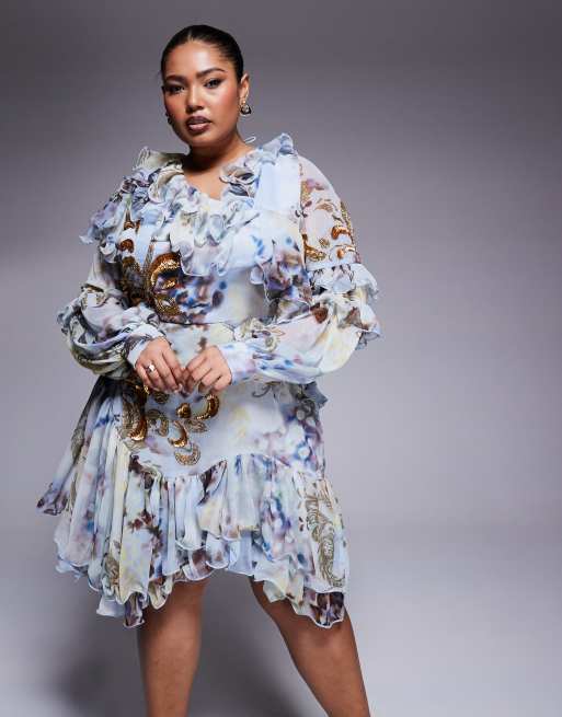 ASOS LUXE Curve organza and chiffon printed asymmetrical mini dress with embellishment in blue western floral