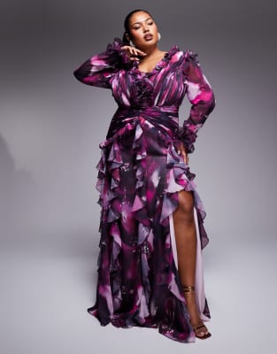 Curve organza long sleeve exaggerated ruffle maxi dress in dark floral-Multi