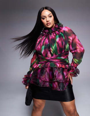 Curve organza long sleeve exaggerated ruffle top in blurred floral-Multi