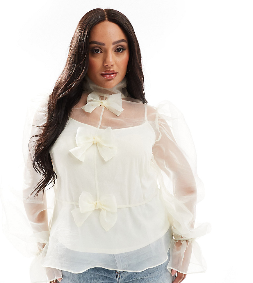 ASOS LUXE Curve organza long sleeve top with bow detail and cami in ivory-Neutral