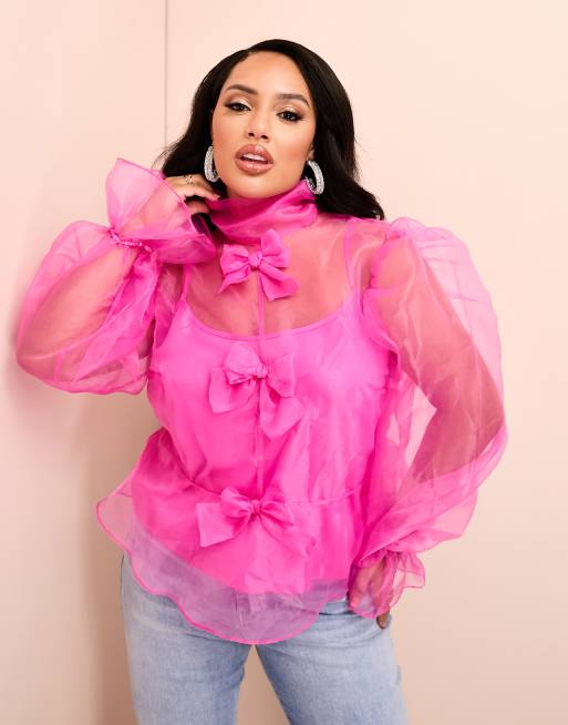 ASOS LUXE Curve organza long sleeve top with bow detail and cami in pink