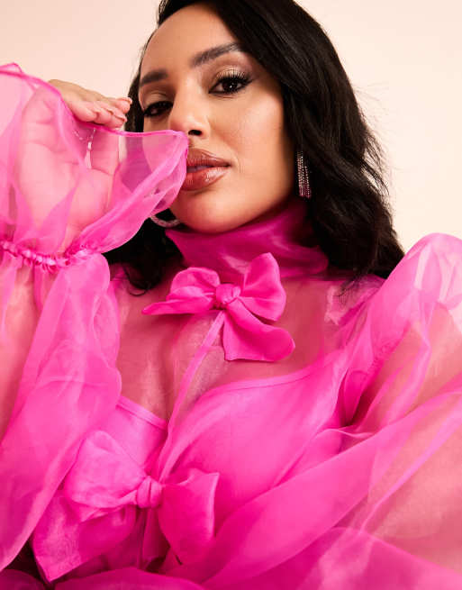 Petite Hot Pink Oversized Satin Feather Cuff Detail Suit Pant