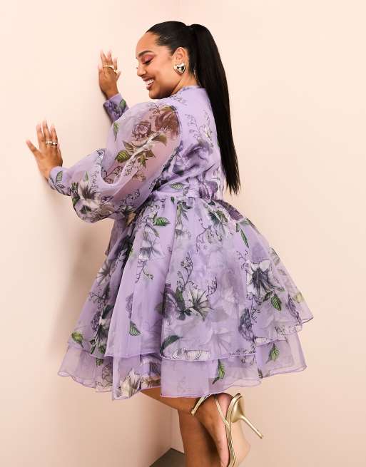 ASOS LUXE Curve organza mini swing dress with pussy bow in purple floral print