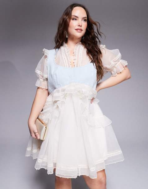 ASOS LUXE Curve – Organza-Minikleid in Creme mit Perlenverzierung und Einsatz an der Brust - view 1