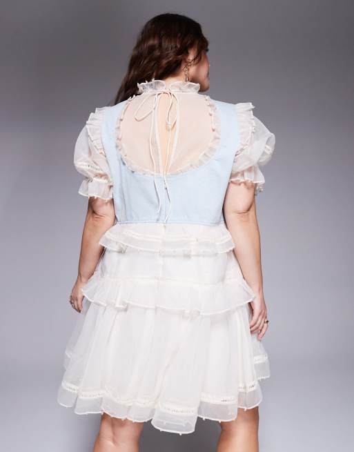 ASOS LUXE Curve – Organza-Minikleid in Creme mit Perlenverzierung und Einsatz an der Brust, 3 von 4