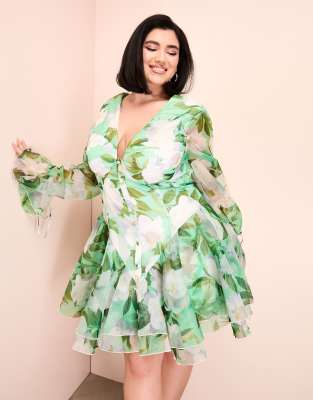 ASOS LUXE Curve - Organza-Minikleid in Grün mit Blumenmuster und Körbchen-Bunt