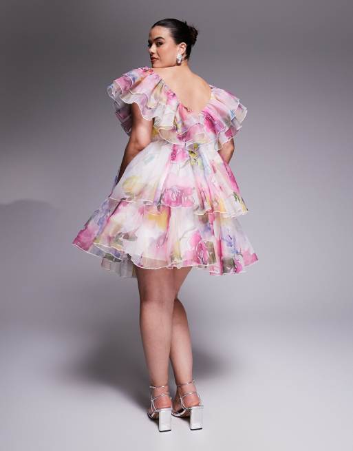 ASOS LUXE Curve organza ruffle baby doll mini dress in blurred floral print