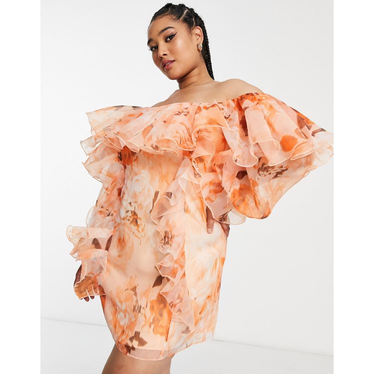 ASOS LUXE Curve organza ruffle dress in orange floral