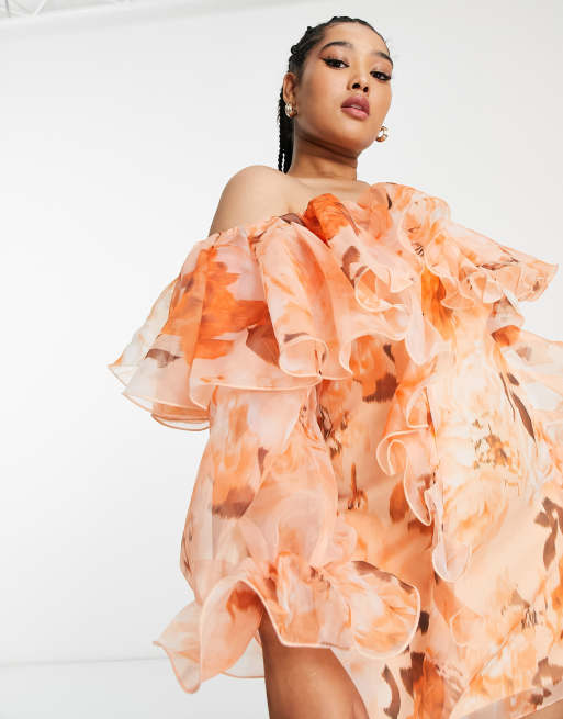 ASOS LUXE Curve organza ruffle dress in orange floral