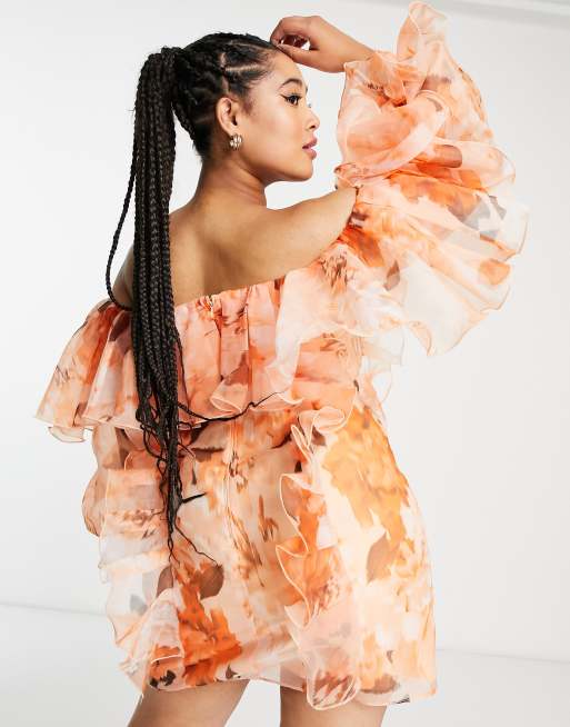 ASOS LUXE Curve organza ruffle dress in orange floral