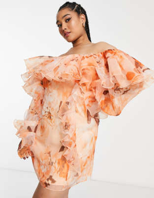 ASOS LUXE Curve - Organza-Rüschenkleid in Orange geblümt