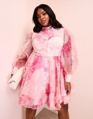 ASOS LUXE Curve organza swing dress with pussybow in floral print
