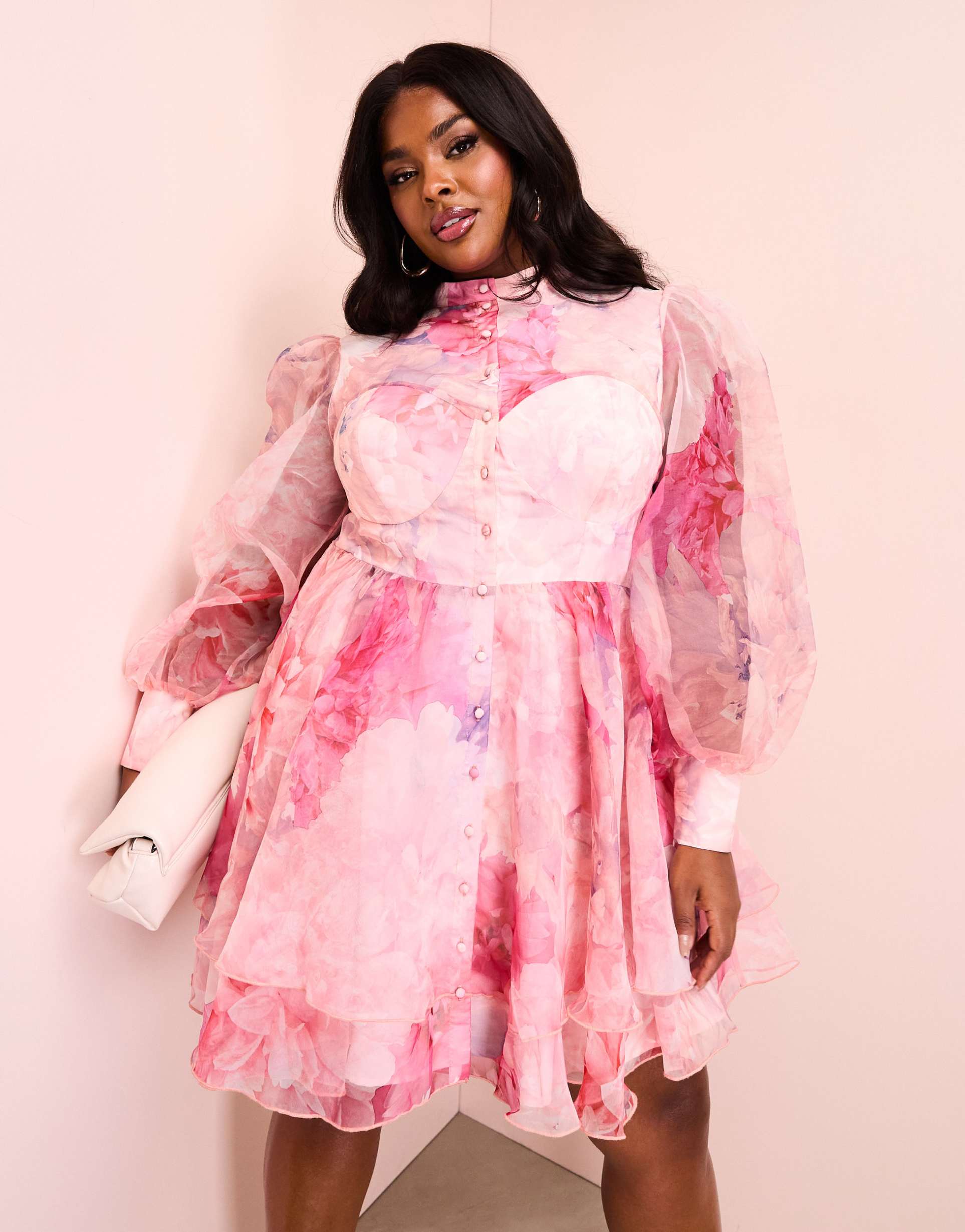 asos luxe curve organza swing dress with pussybow in floral print