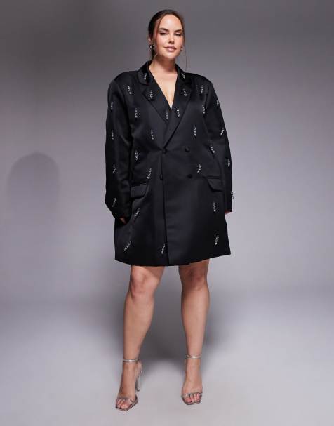 ASOS LUXE Curve oversized blazer dress with beaded fringe in black - view 1