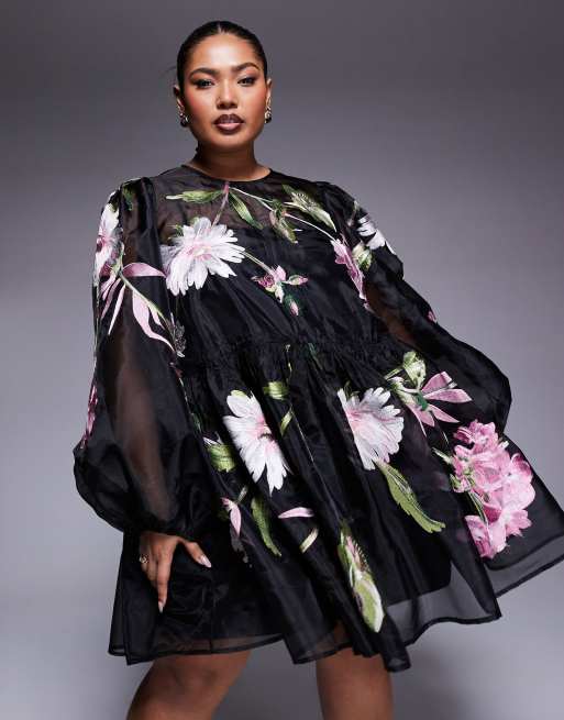 ASOS LUXE Curve - Oversized og sort smock-minikjole i organza med blomsterbroderinger