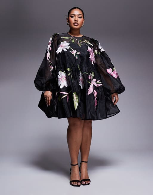 ASOS LUXE Curve oversized organza mini smock dress with floral embroidery in black