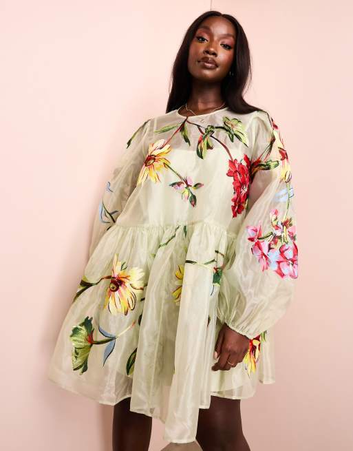 ASOS LUXE Curve oversized organza mini smock dress with floral embroidery in green