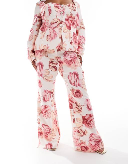 ASOS LUXE Curve - Pantalon habillé à imprimé roses avec bouton décoratif, 2 de 5