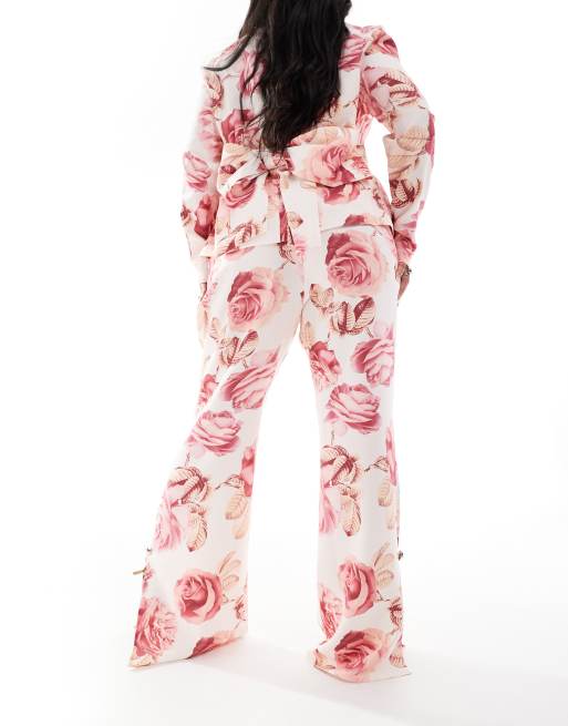 ASOS LUXE Curve - Pantalon habillé à imprimé roses avec bouton décoratif, 4 de 5