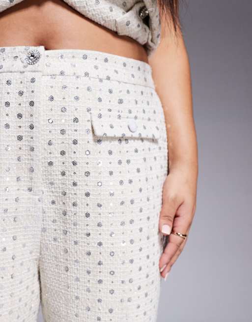 ASOS LUXE Curve - Pantaloni bouclé decorati color crema in coordinato, 3 di 5