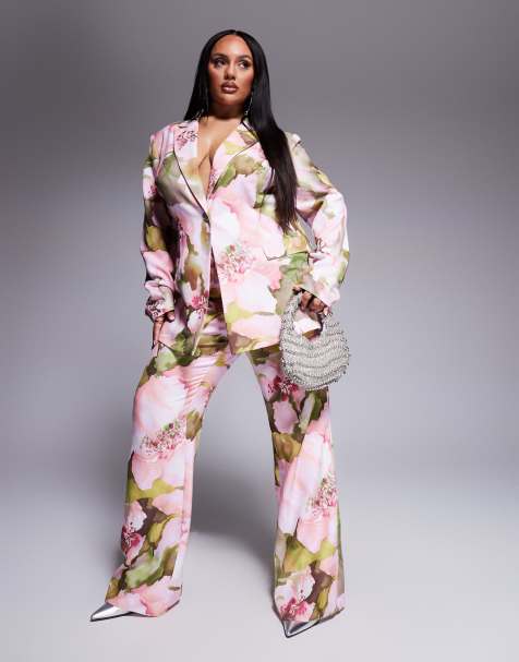 ASOS LUXE Curve - Pantaloni da abito sartoriali rosa a fiori in coordinato - view 1