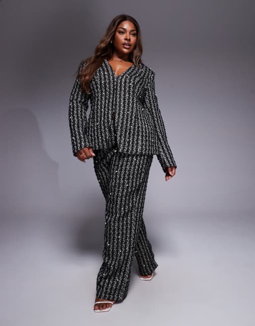 ASOS LUXE Curve - Pantaloni in bouclé neri decorati con perle in coordinato