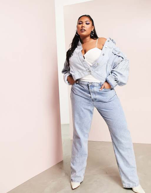 Plus size pearl hot sale denim jacket