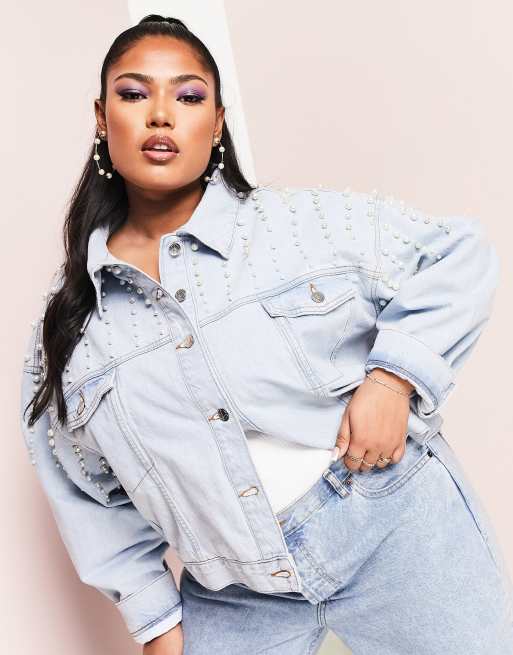 Plus size pearl cheap jean jacket