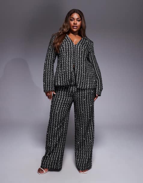ASOS LUXE Curve pearl embellished boucle blazer and trouser in black - view 1