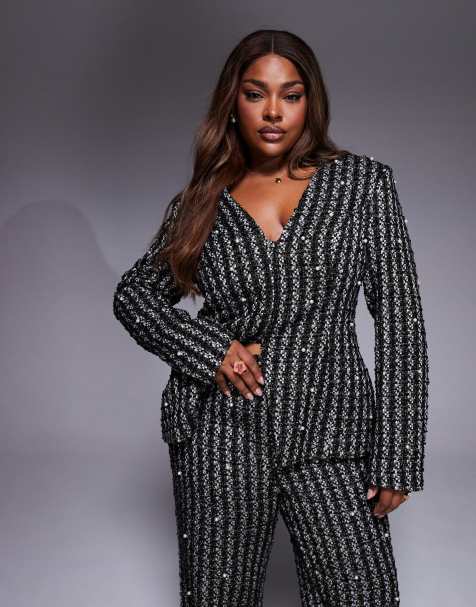 ASOS LUXE Curve pearl embellished boucle blazer co-ord in black - view 1
