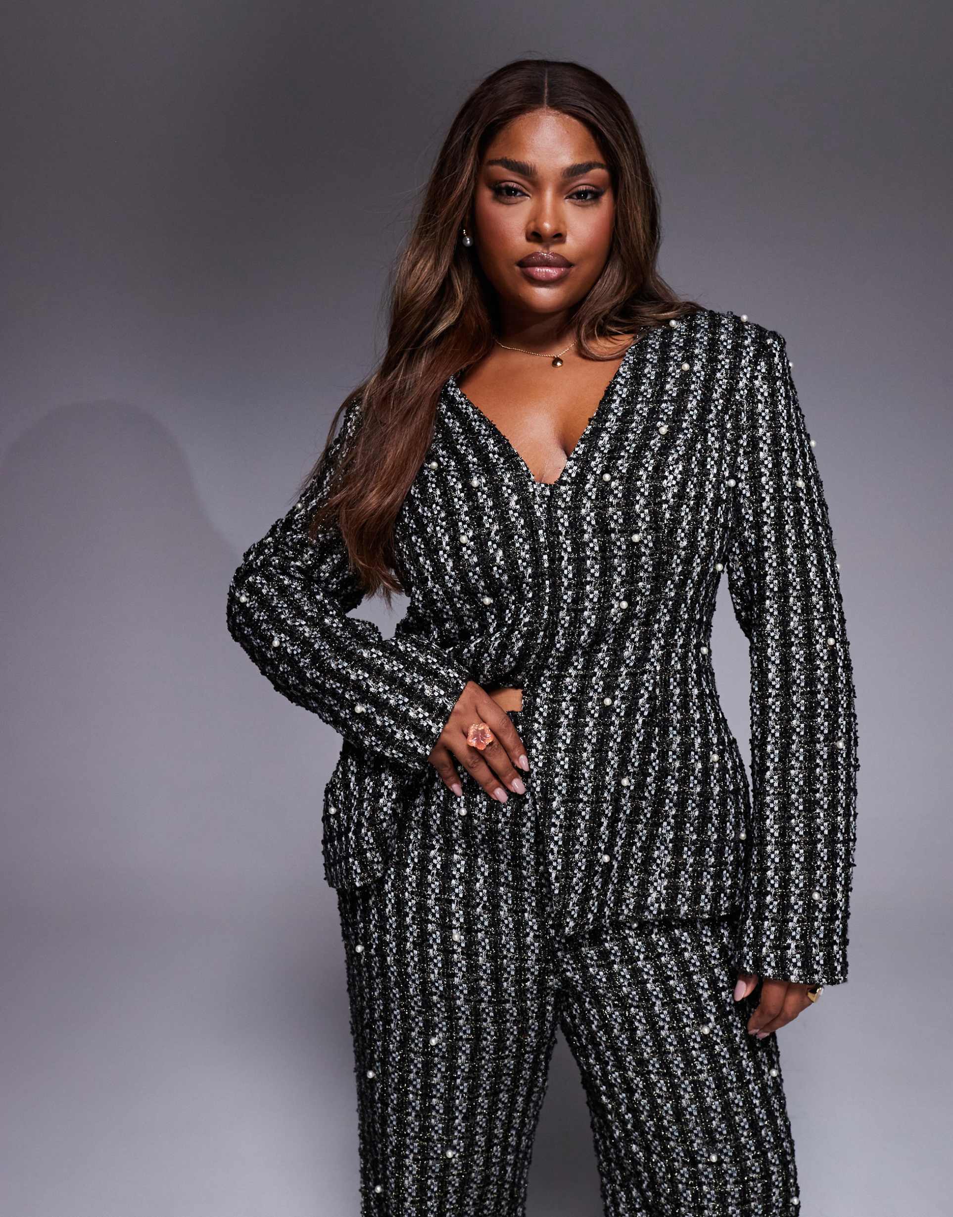 asos luxe curve pearl embellished boucle blazer in black - part of a set