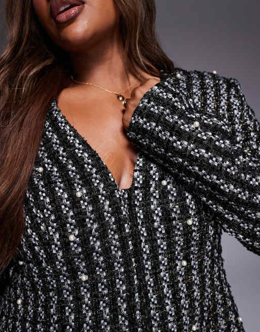 ASOS LUXE Curve pearl embellished boucle blazer in black (part of a set), 3 of 4