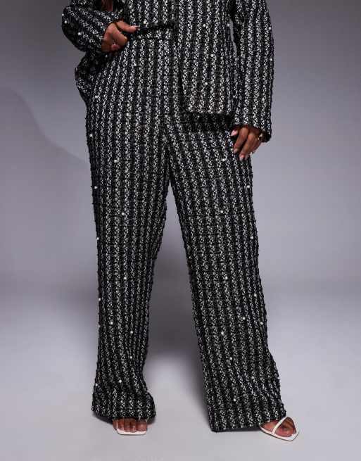 ASOS LUXE Curve pearl embellished boucle pants in black (Part of a set), 3 of 5