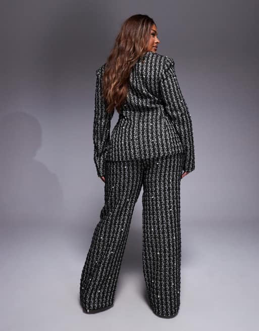 ASOS LUXE Curve pearl embellished boucle pants in black (Part of a set), 5 of 5