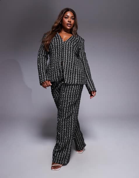 ASOS LUXE Curve pearl embellished boucle trouser co-ord in black - view 1