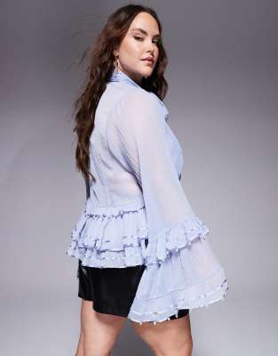 ASOS LUXE CURVE PEARL EMBELLISHED CHIFFON EXAGGERATED BLOUSE 